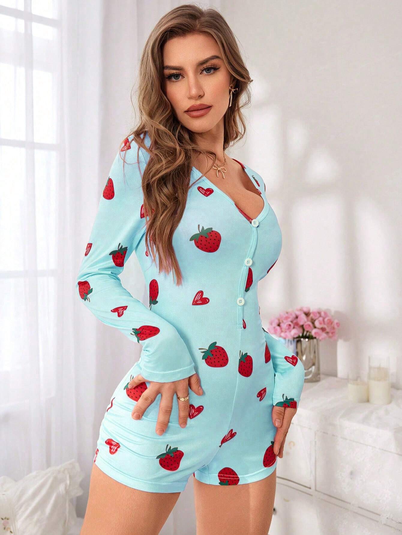 Çilek Desenli Kadın Tulum Pijama