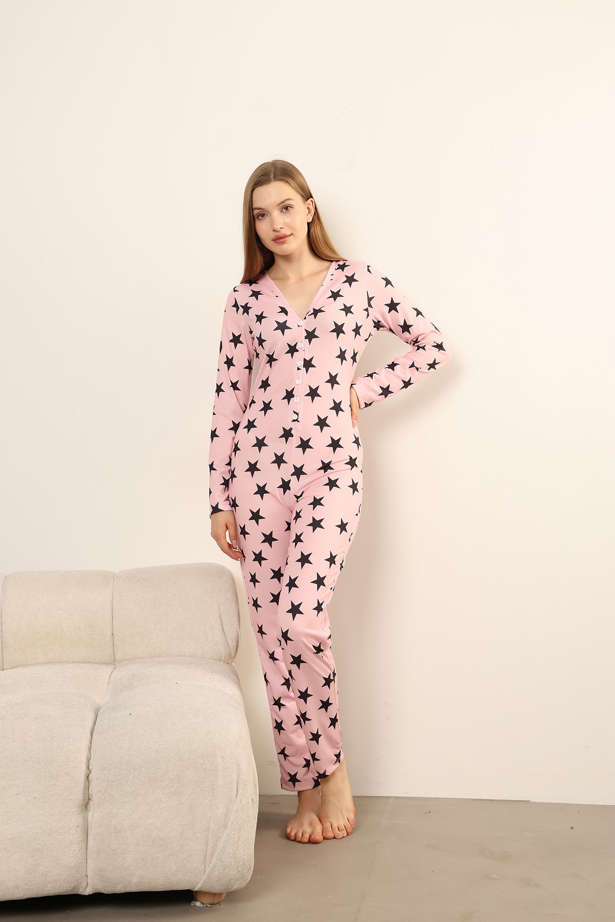 Yıldız Desenli Pembe Tulum Pijama
